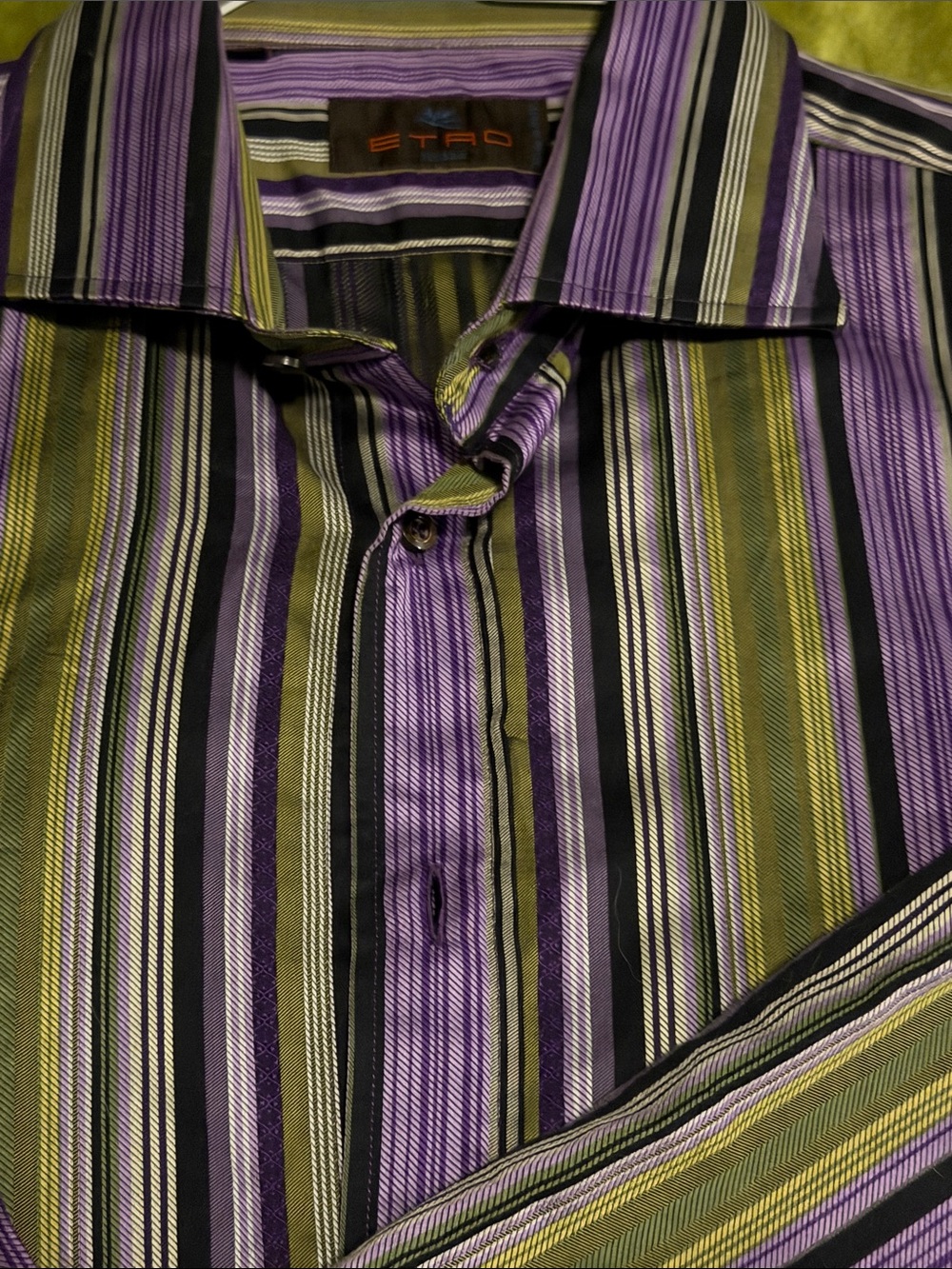 Etro Purple and Olive Green Vertical Stripe Button-Down Shirt